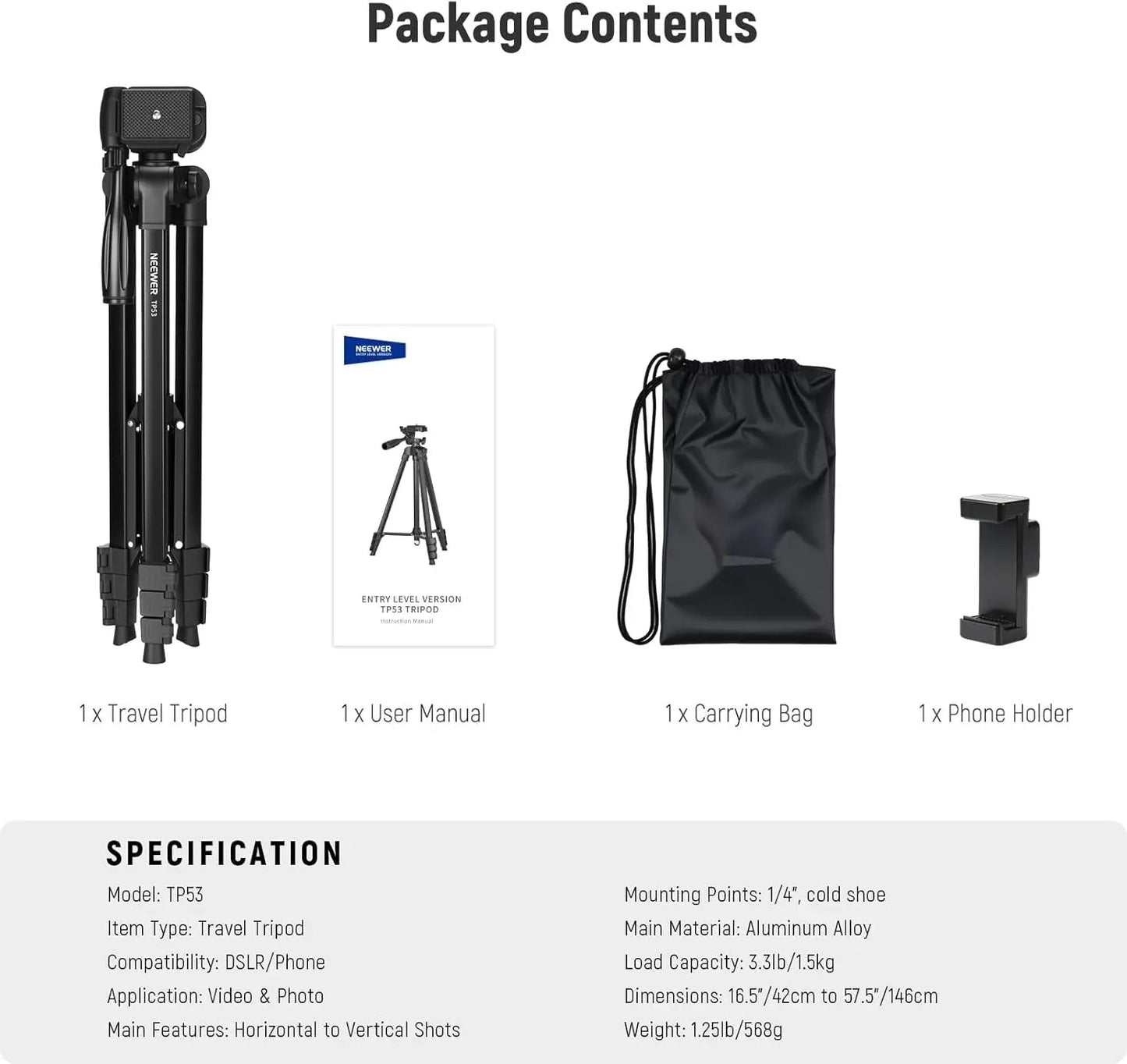 Aluminium Travel Tripod TP53 – Lightweight Portable Phone & Camera Stand with 360° Pan Head, Height Adjustable Legs & Phone Mount for Vlogging, Streaming & Photography | VoltNest - VoltNest