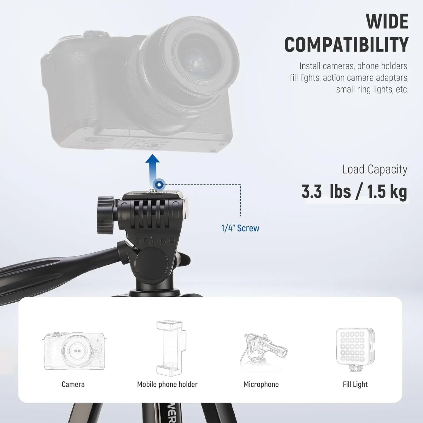 Aluminium Travel Tripod TP53 – Lightweight Portable Phone & Camera Stand with 360° Pan Head, Height Adjustable Legs & Phone Mount for Vlogging, Streaming & Photography | VoltNest - VoltNest
