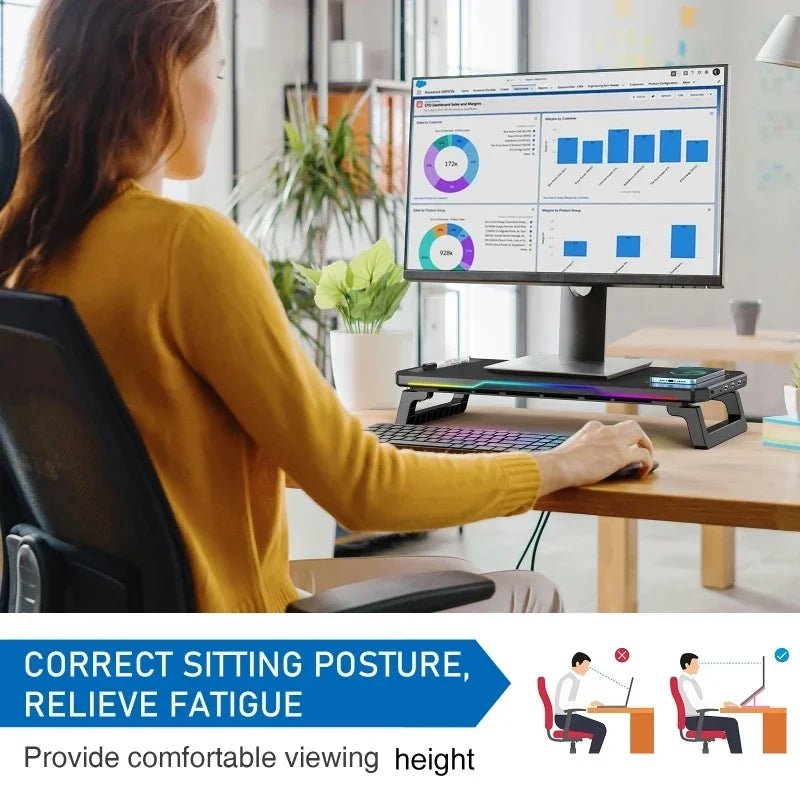 Computer Monitor Riser Stand-9V 2A Wireless Charging Power Input with RGB Lighting&3 USB+1 Type C Output Phone Magetic Charging - VoltNest