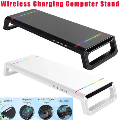 Computer Monitor Riser Stand-9V 2A Wireless Charging Power Input with RGB Lighting&3 USB+1 Type C Output Phone Magetic Charging - VoltNest