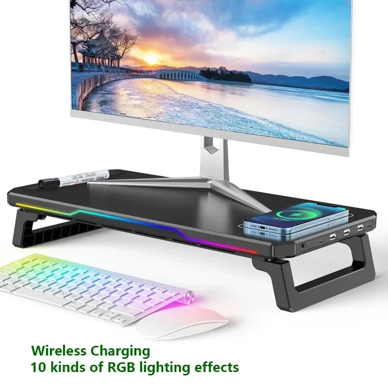 Computer Monitor Riser Stand-9V 2A Wireless Charging Power Input with RGB Lighting&3 USB+1 Type C Output Phone Magetic Charging - VoltNest