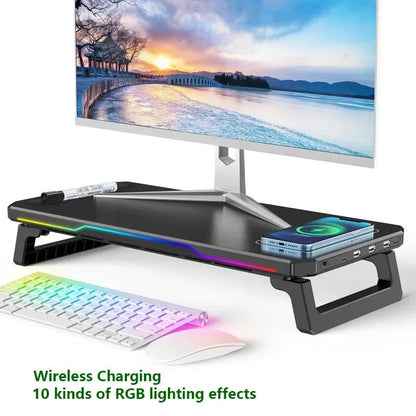 Computer Monitor Riser Stand-9V 2A Wireless Charging Power Input with RGB Lighting&3 USB+1 Type C Output Phone Magetic Charging - VoltNest