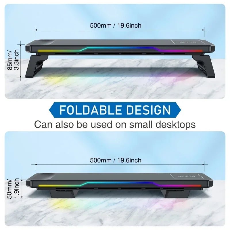 Computer Monitor Riser Stand-9V 2A Wireless Charging Power Input with RGB Lighting&3 USB+1 Type C Output Phone Magetic Charging - VoltNest