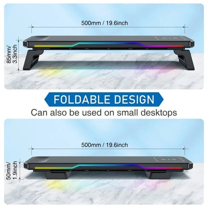 Computer Monitor Riser Stand-9V 2A Wireless Charging Power Input with RGB Lighting&3 USB+1 Type C Output Phone Magetic Charging - VoltNest