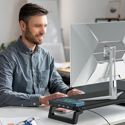 Computer Monitor Riser Stand-9V 2A Wireless Charging Power Input with RGB Lighting&3 USB+1 Type C Output Phone Magetic Charging - VoltNest