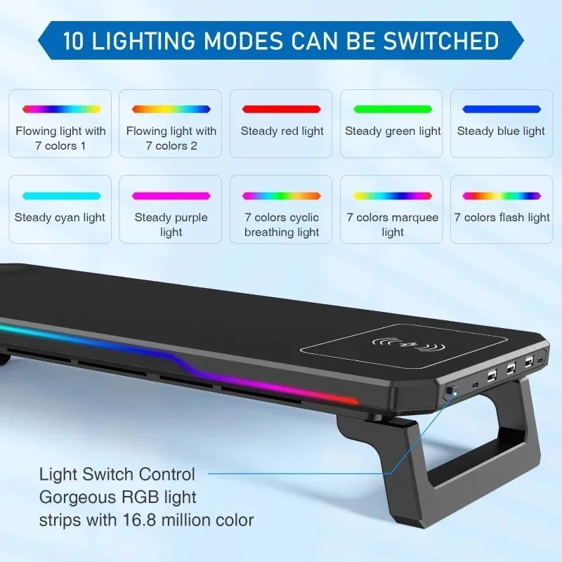 Computer Monitor Riser Stand-9V 2A Wireless Charging Power Input with RGB Lighting&3 USB+1 Type C Output Phone Magetic Charging - VoltNest