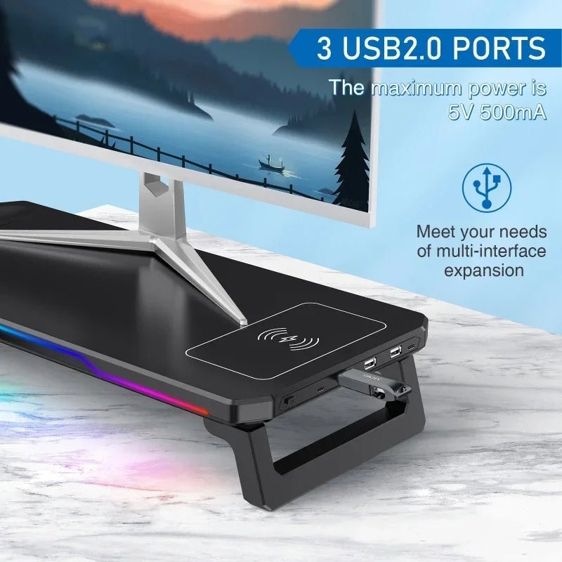 Computer Monitor Riser Stand-9V 2A Wireless Charging Power Input with RGB Lighting&3 USB+1 Type C Output Phone Magetic Charging - VoltNest