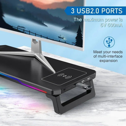 Computer Monitor Riser Stand-9V 2A Wireless Charging Power Input with RGB Lighting&3 USB+1 Type C Output Phone Magetic Charging - VoltNest