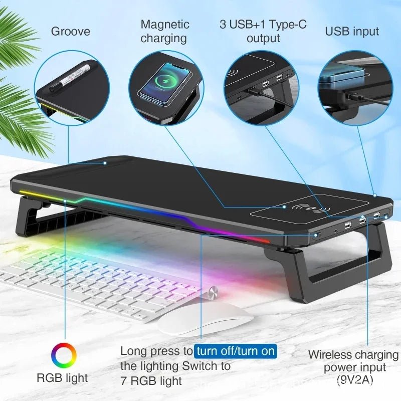 Computer Monitor Riser Stand-9V 2A Wireless Charging Power Input with RGB Lighting&3 USB+1 Type C Output Phone Magetic Charging - VoltNest
