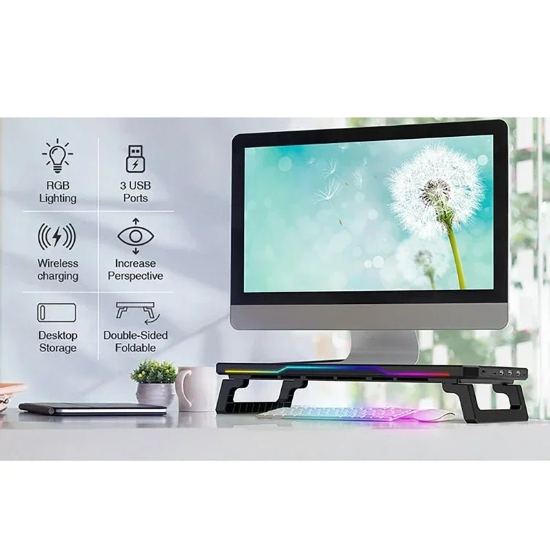 Computer Monitor Riser Stand-9V 2A Wireless Charging Power Input with RGB Lighting&3 USB+1 Type C Output Phone Magetic Charging - VoltNest