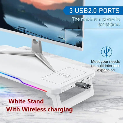 Computer Monitor Riser Stand-9V 2A Wireless Charging Power Input with RGB Lighting&3 USB+1 Type C Output Phone Magetic Charging - VoltNest