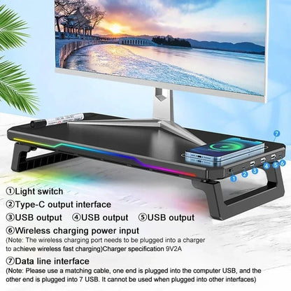 Computer Monitor Riser Stand-9V 2A Wireless Charging Power Input with RGB Lighting&3 USB+1 Type C Output Phone Magetic Charging - VoltNest