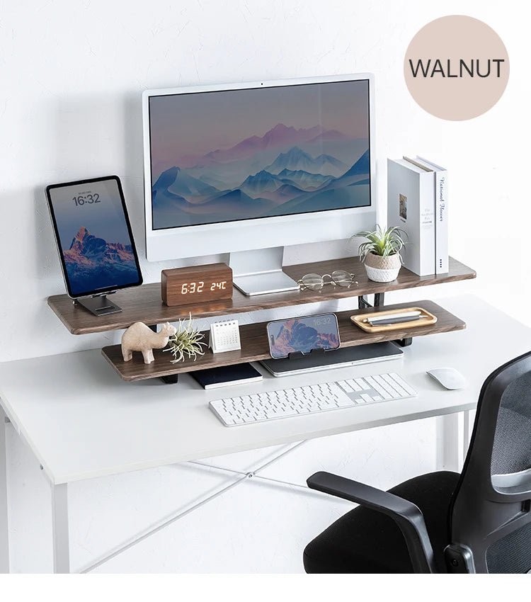 DeskRise Pro | Double-Layer Wooden Monitor Stand Riser with Storage Shelf – Computer Desk Organiser for PC, Laptop & Office Accessories VoltNest - VoltNest