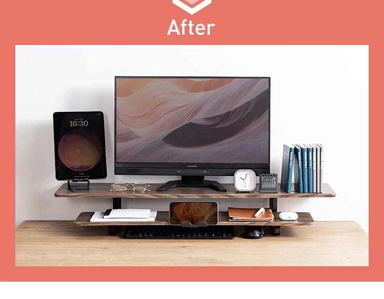 DeskRise Pro | Double-Layer Wooden Monitor Stand Riser with Storage Shelf – Computer Desk Organiser for PC, Laptop & Office Accessories VoltNest - VoltNest