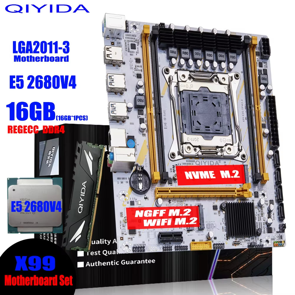 X99 Motherboard LGA 2011-3 Set Kit Xeon E5 2680 V4 CPU Processor 16G=1*16G DDR4 REG ECC RAM Memory NVME M.2 TPM2.0 Plug