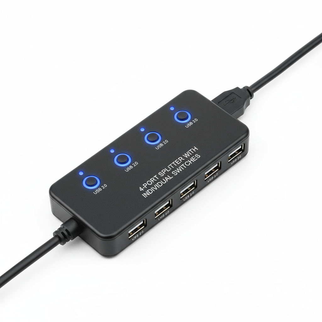 USB 2.0 hub 4-port flat lay white background