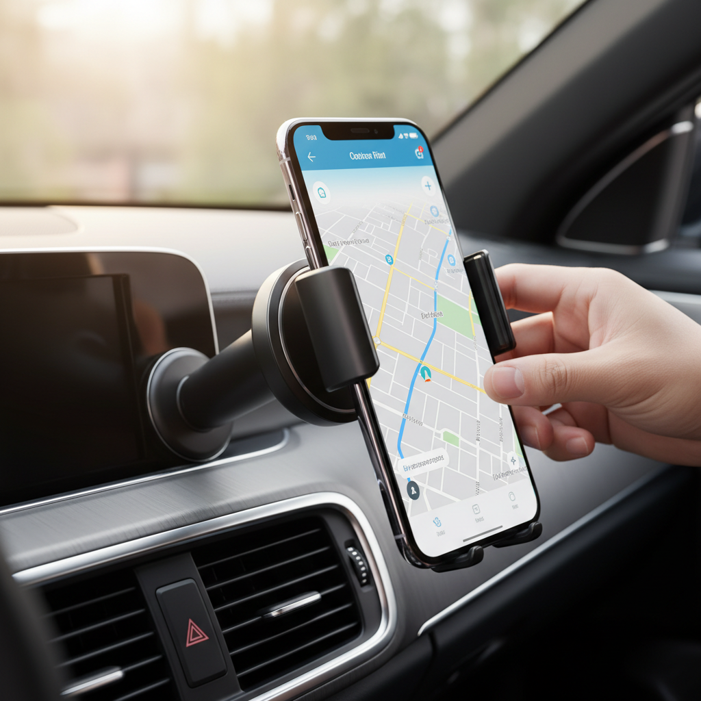 Magnetic car phone holder mounted on vent with phone
