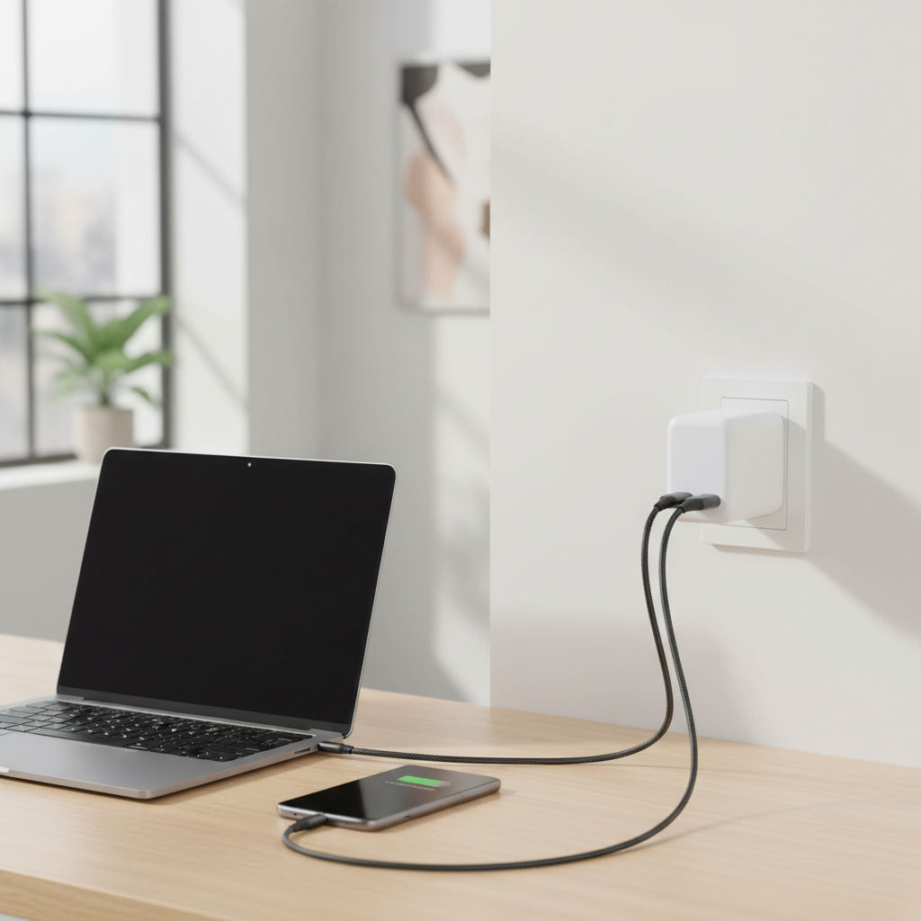 65W GaN charger charging laptop and phone