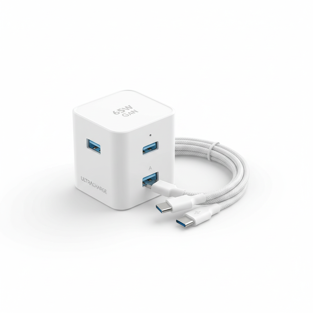 65W GaN charger flat lay white background