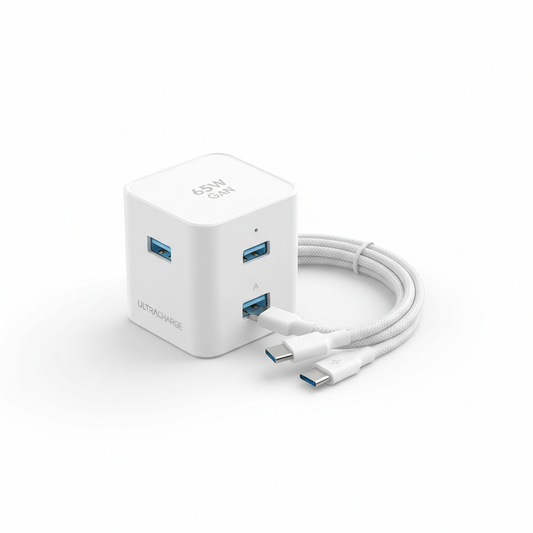 65W GaN charger flat lay white background