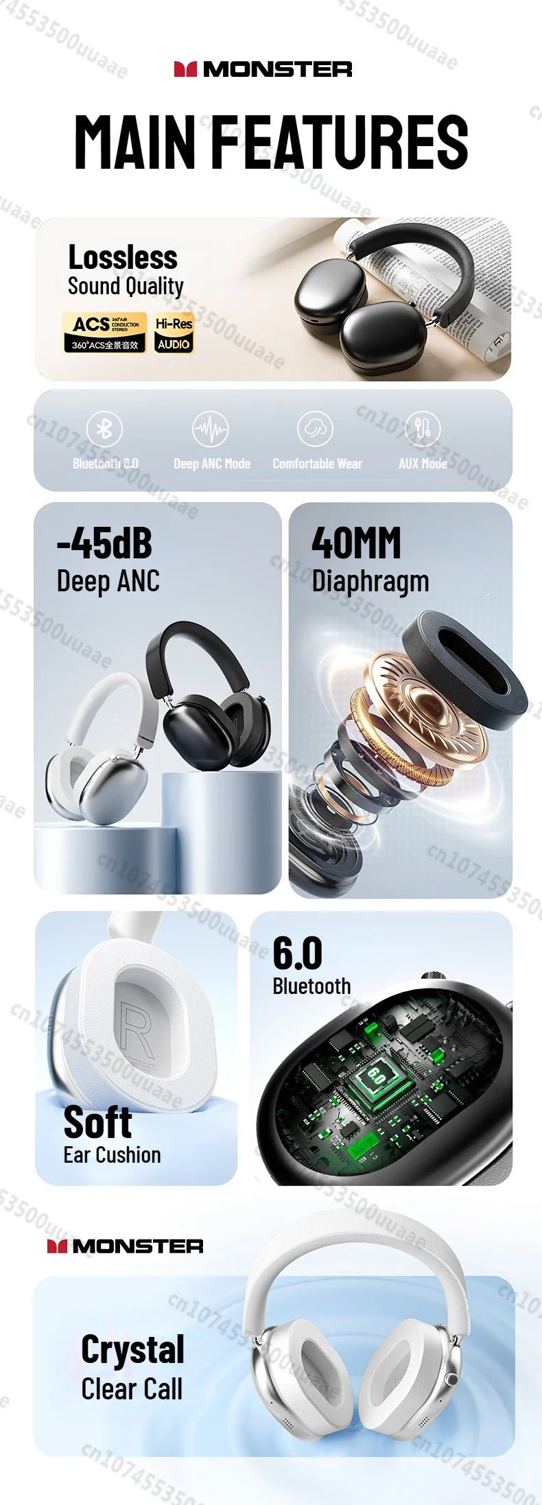Monster Airstar AH100 ANC Bluetooth 6.0 Over-Ear Headphone with Active Noise Canceling -45dB Powerful Bass Wireless/Wire Headset - VoltNest