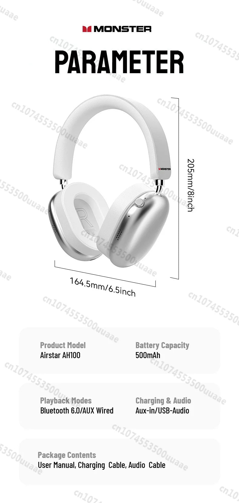 Monster Airstar AH100 ANC Bluetooth 6.0 Over-Ear Headphone with Active Noise Canceling -45dB Powerful Bass Wireless/Wire Headset - VoltNest