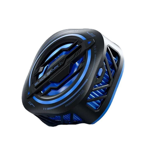 A futuristic black and blue electronic device with a rounded, geometric design, featuring glowing blue accents and the text 'BLACK SHARK' on its side, set against a plain white background.