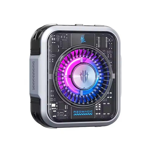 A square-shaped portable cooling fan with a futuristic circuit board design on the front panel and a circular RGB fan in the center, emitting purple and blue light. The brand name 'REDMAGIC' is visible on the front.